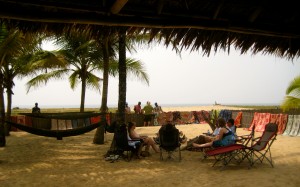 Word quickly traveled that there were folks at the beach hut. We walked away with two tablecloths, napkins, and a basket. The Hubs went through a hard haggling process for those wares.